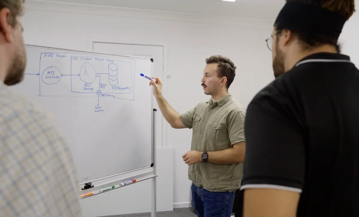 Team working through a diagram on a whiteboard